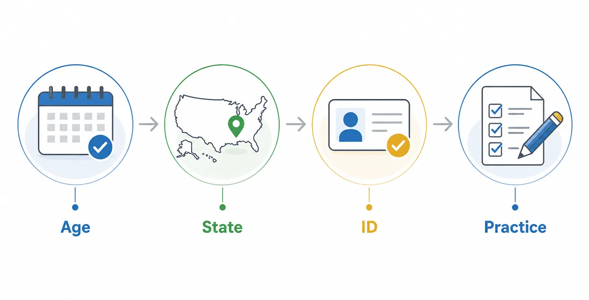 GED requirements planning flow showing age, state rules, ID, and practice checkpoints