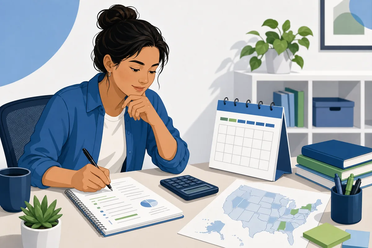 Adult learner planning GED test cost with a calculator, calendar, study notes, and state map